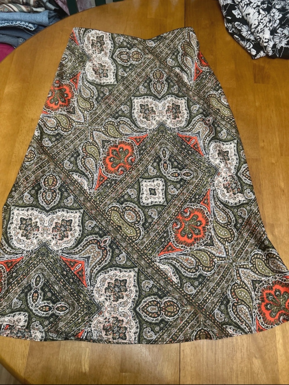 Express Paisley A-Line Skirt in Olive, Rust and Cream cottagecore fall colors